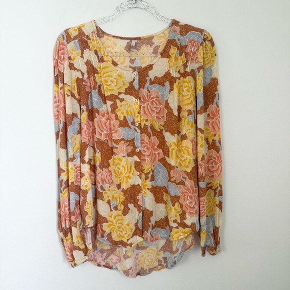 Amuse Society Orange & Yellow Floral Print Boho Blouse Size M - Picture 1 of 9